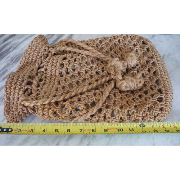 Vtg Woven Rope Crochet Bucket Beach Bag Tote Drawstring Handle Boho Hippie Fairy - Picture 8 of 12